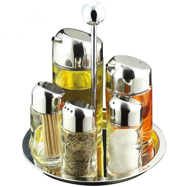 Menage drehbar, 6-teilig - Zahnstocher, Salz &amp; Pfeffer, Essig &amp; Öl