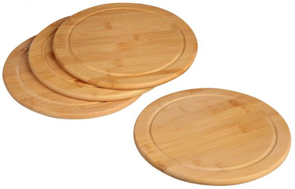 Bambus Servierteller mit Saftrille – (4er Set) - Ø 25 x 1,3 cm – Helles Naturholz