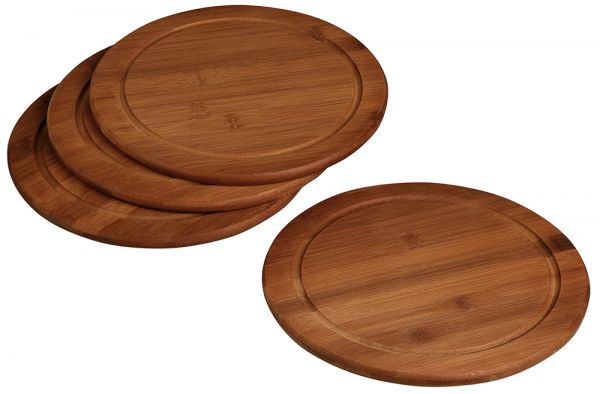 Bambus Servierteller mit Saftrille – (4er Set) - Ø 26 x 1,3 cm – Dunkles Naturholz